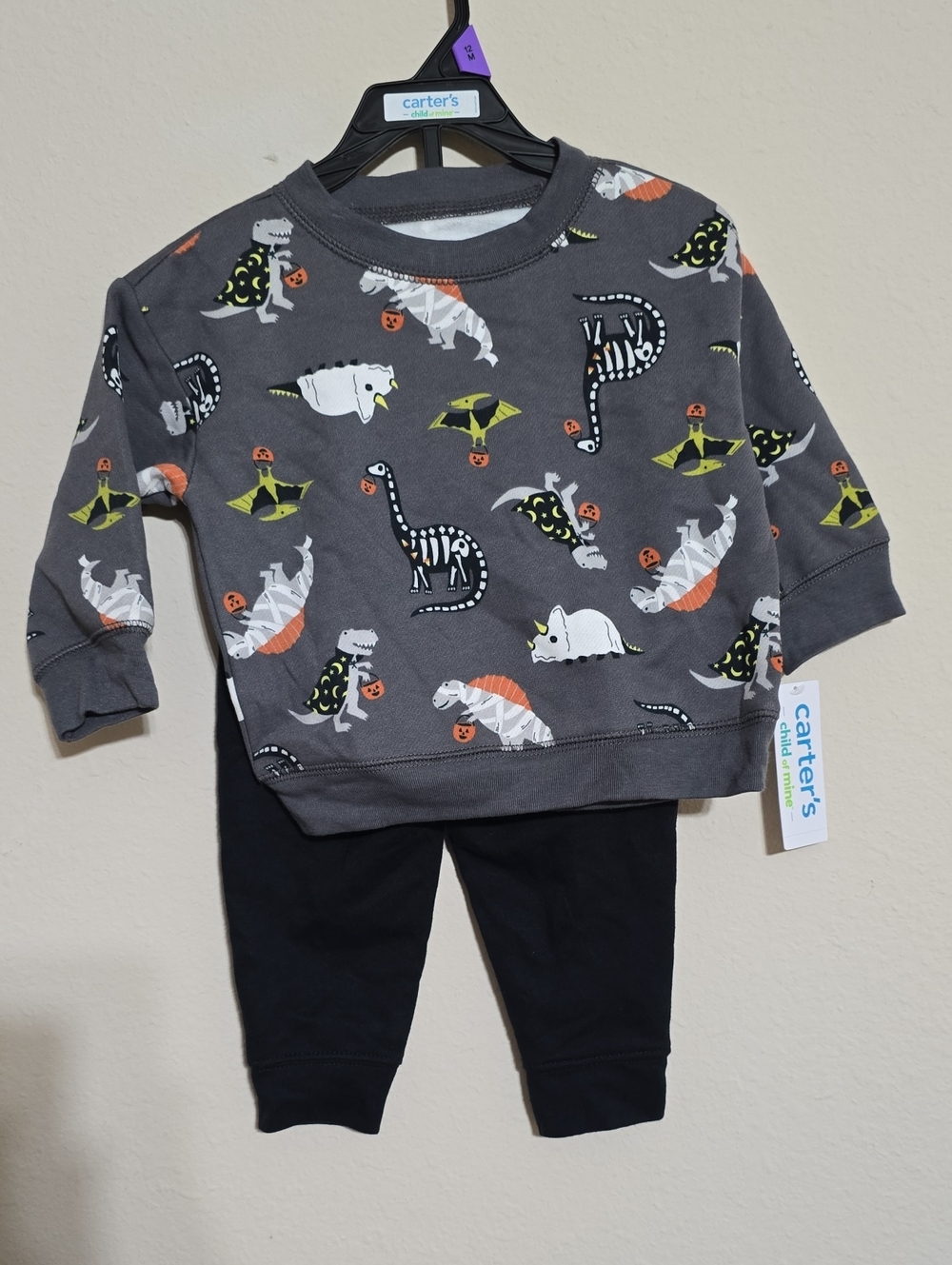 NWT Boys Carters Gray Dino Print Sweatshirt and Black Pants Set Size 12M